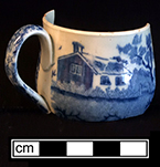 Pearlware printed underglaze handled cup. Rim diameter: 1.75”. Lot:6, Provenience:1G1.424.7, Privy Stratum 2. 18BC38